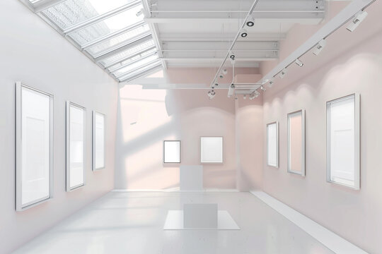 A contemporary white art gallery featuring walls of a soft blush pink hue, adorned with empty silver frame mock-up posters.