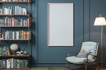 A cozy, Scandinavian nook with a slate blue wall, featuring a light pink frame mockup poster. The area is furnished with a comfortable reading chair, a small  - obrazy, fototapety, plakaty