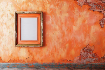 A gallery space with a soft orange wall, featuring a single empty frame. The frame's rustic orange...