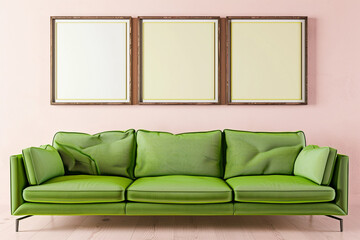 A lively Scandinavian living room featuring a lime green sofa against a blush pink wall. Three empty mock-up poster frames in a dark walnut finish offer a rich contrast above the sofa. 