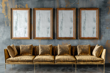 A luxurious Scandinavian living room with a gold velvet sofa against a matte grey wall. Four blank empty mock-up poster frames in an antique copper finish hang above the sofa, 