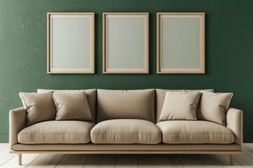 A minimalist Scandinavian living room with a taupe sofa against a forest green wall. Three empty mock-up poster frames in a light birch finish add a natural and serene touch above the sofa. 