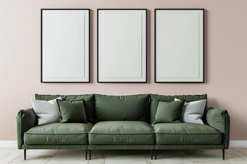 A minimalist Scandinavian living room with an olive green sofa set against a blush pink wall. Three empty mock-up poster frames in a simple black finish hang above, 
