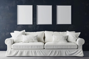 A minimalist Scandinavian living room with a white linen sofa against a dark indigo wall. Four blank empty mock-up poster frames in a bright aluminum finish provide a clean and modern touch 