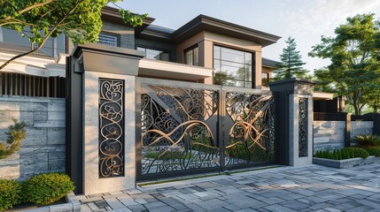 An artistic main gate design with custom handcrafted details or sculptural elements, adding a...