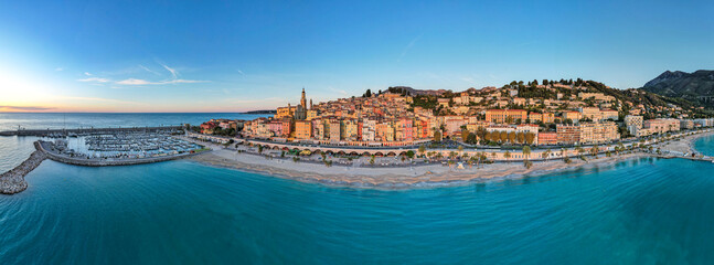 Aerial view of Mentorn, France on the Mediterranean Sea, French Riviera at sunrise from above in...