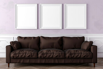 A sophisticated Scandinavian living room with a chocolate brown sofa against a pale lavender wall....