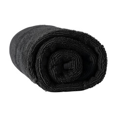 A neatly rolled black towel is displayed in the center, set against a pure white background, demonstrating the towels texture and the tightness of the roll.