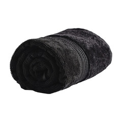 A neatly rolled black towel is displayed against a pristine white background, showcasing its plush texture and the tightness of its roll.