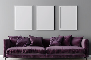 A sophisticated Scandinavian living room with an aubergine sofa set against a sky grey wall. Three blank mock-up poster frames 