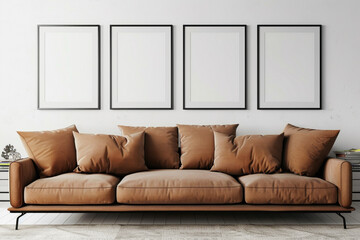 A spacious Scandinavian living room with a caramel brown sofa set against a soft white wall. Four blank empty mock-up poster frames in a sleek black finish - Powered by Adobe