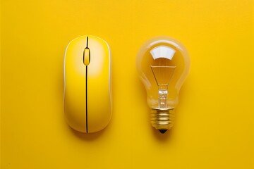 Computer mouse and bulb on yellow background, symbolizing innovation - obrazy, fototapety, plakaty