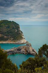 Scenic church upon a rock in the middle of the sea in Portovenere, Liguria,  Italy