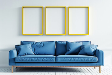 A vibrant Scandinavian living room with an electric blue sofa set against a stark white wall. Three blank mock-up poster frames