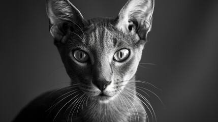 An elegant Oriental Shorthair cat with almond-shaped eyes and a sleek coat.