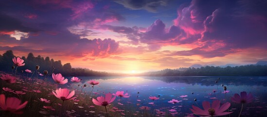 A natural landscape painting capturing a dusk scene with a purple sky, cumulus clouds, and violet flowers in the foreground near a serene lake - Powered by Adobe