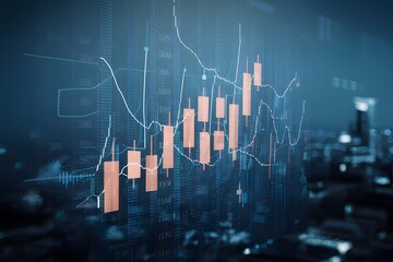 Abstract big data forex candlestick chart on blurry city backdrop