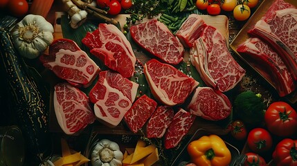 Utilize AI to generate a visually striking image of a Japanese yakiniku feast, emphasizing the luxurious marbling of wagyu beef and the enticing display of assorted vegetables