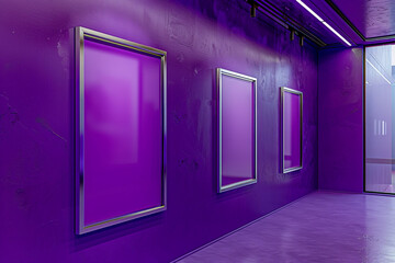 Inside a modern art gallery, with walls coated in a deep plum purple, featuring empty brushed...