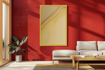 In this modern living room, a vibrant red wall adds energy and excitement, complemented by a yellow-framed poster featuring a sleek, abstract design. The room's decor is minimal