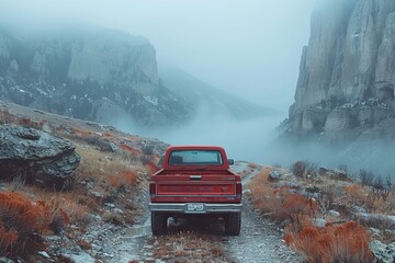 Red truck stuck on dirt road, cliffs and fog surround.