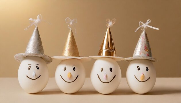funny characters with easter eggs with hats and painted faces on a beige background
