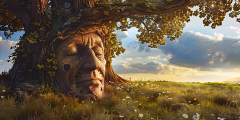 tree trunk with green man face. AI generated.	