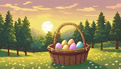 Foto op Canvas pixel art basket with easter eggs in landscape with trees background in retro style for 8 bit game © Dayami