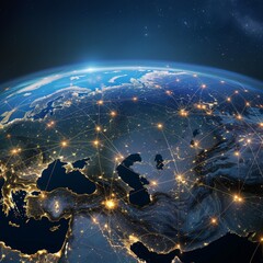 A satellite view of the world with illuminated lines crisscrossing continents, representing the global logistics network of a major postal service. The image highlights the vast reach and connectivity