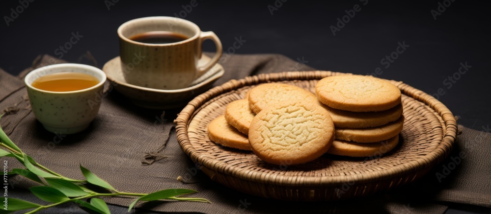 Canvas Prints A tray of cookies and a cup of tea are displayed on a table, showcasing a delightful combination of food and drinkware