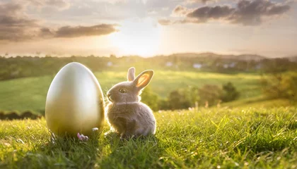 Foto op Aluminium mockup easter egg and chubby cute bunny on green meadow © Dayami