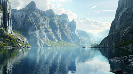 A majestic fjord surrounded by towering cliffs and rugged mountains, with calm waters reflecting...