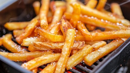 Close up of crispy french fries being cooked in a deep fryer, preparing delicious golden fries