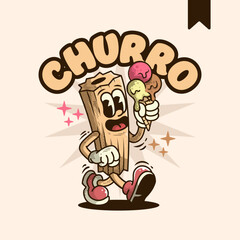 Churro Holding Ice Cream Vintage Cartoon Mascot Logo