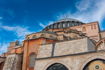 Side view of Hagia Sophia mosque with blue sky, Istanbul,  Turkey