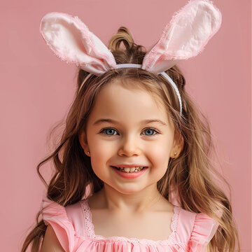 little girl with bunny ears, little cute girl with bunny easter ears, soft pink background 