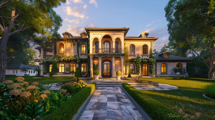 Front view of an opulent luxury home with a lush yard, leading to a beautifully designed porch, in early morning light.