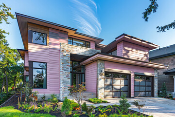 Fototapeta na wymiar Luxurious new home, modern in design, featuring soft pink siding and accented with a natural stone wall trim, offering an uncluttered facade without a garage.