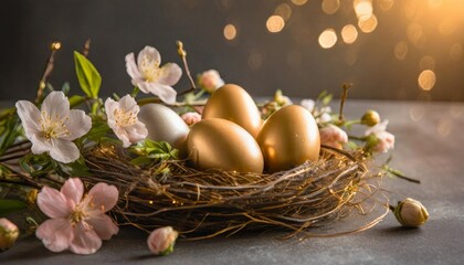 Fototapeta na wymiar easter eggs in nest with flowers on dark background