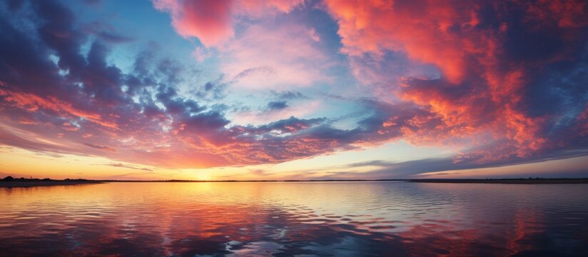 A picturesque sunset over a tranquil lake, with vibrant clouds painted across the sky. The natural landscape transforms into a breathtaking art piece as dusk settles in