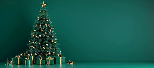 Naklejka premium Golden baubles on christmas tree with presents, festive holiday background in green tones