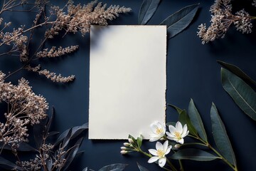 Photo of a blank white card mockup surrounded by dried twigs and leaves eucalyptus on a dark blue background. Web banner with copy space with elegant flowers and leaves. - 771074139