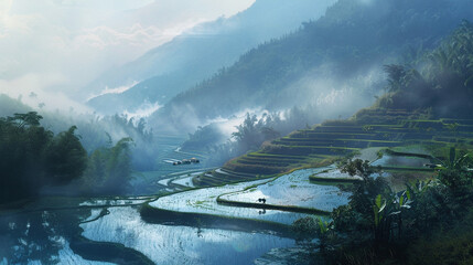 A tranquil rice paddy field with terraced hillsides and farmers working in the distance, surrounded by misty mountains
