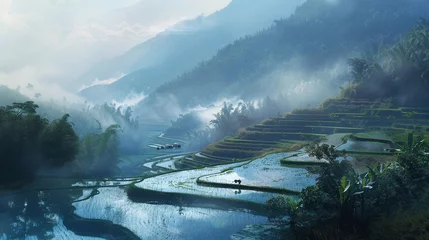 Fototapete Reisfelder A tranquil rice paddy field with terraced hillsides and farmers working in the distance, surrounded by misty mountains