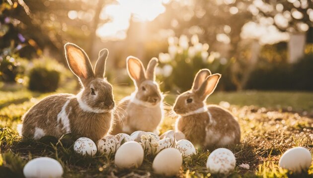 landscape photography happy easter day rabbits in a garden with eggs and natural light