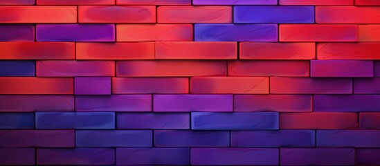 A closeup shot of a vibrant blue, purple, pink, and magenta brick wall showcasing symmetrical brickwork in shades of azure, violet, and red