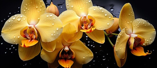 A beautiful display of yellow orchids with water drops on their petals, captured in stunning macro...