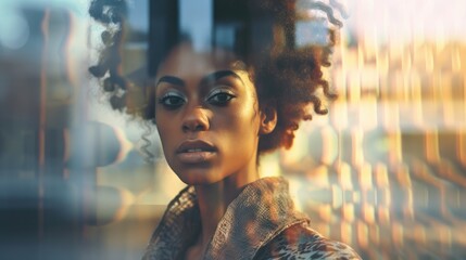 black afro Street dreamy photo sad woman model window looking at camera portrait reflection glare