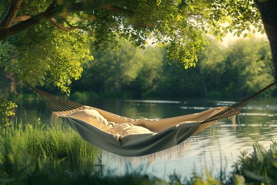 Empty comfortable wicker hammock with pillows, river and forest in the background. Summer camping concept, nature landscape