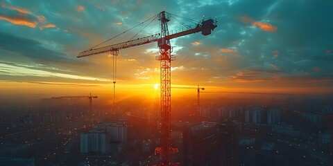 Advancing Industrial Development: A Crane at a Construction Site During Sunset. Concept Construction Progress, Sunset Views, Industrial Machinery, Urban Landscape, Development Projects